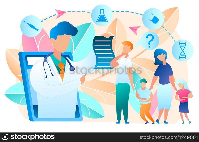 Online Doctor. Telemedicine. Medical Consultation by Internet with Doctor. Medicine and Healthcare Concept. Medical Service Online for whole Family. Health Care Online. Vector Illustration.. Online Doctor. Telemedicine. Vector Illustration.