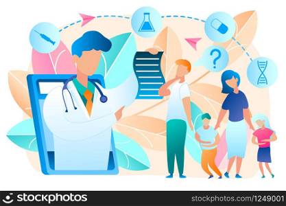 Online Doctor. Telemedicine. Medical Consultation by Internet with Doctor. Medicine and Healthcare Concept. Medical Service Online for whole Family. Health Care Online. Vector Illustration.. Online Doctor. Telemedicine. Vector Illustration.