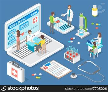 Online doctoral consultation. Large cartoon laptop, doctor takes patient, woman is making appointment. First aid. Prescription, stethoscope, test tubes, flasks, microscope. Consultation via smartphone. Doctors accept patients via smartphones, laptops. Appointment to doctor online. Remote medical