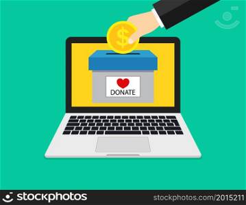 Online donate in computer. Hand holding dollar coin for charity in laptop screen. Online internet fundraising for donation. Give money in moneybox for charity. Vector.. Online donate in computer. Hand holding dollar coin for charity in laptop screen. Online internet fundraising for donation. Give money in moneybox for charity. Vector