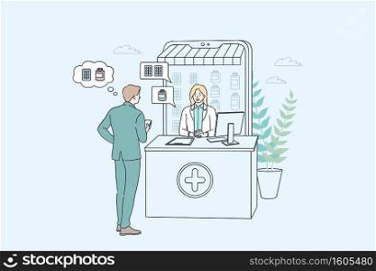 Online drugstore and pharmacy concept. Man cartoon character choosing drugs in online pharmacy shop and talking to virtual pharmacist woman at desk vector illustration . Online drugstore and pharmacy concept