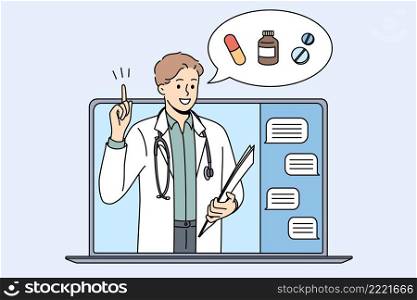 Online drugstore and pharmacy concept. Young smiling doctor pharmacist standing and showing pointing at drugs treatment online from laptop screen vector illustration . Online drugstore and pharmacy concept.
