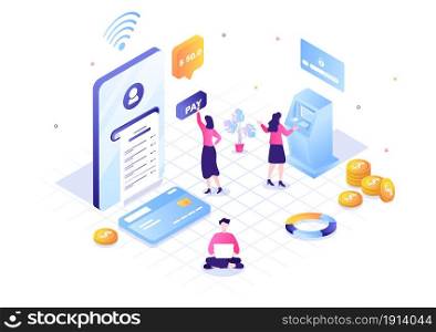Online E-Banking App, Wallet or Bank Credit Card Vector Illustration with Technology, Data Protection, and Payment Security for Digital Payments Through Smartphones