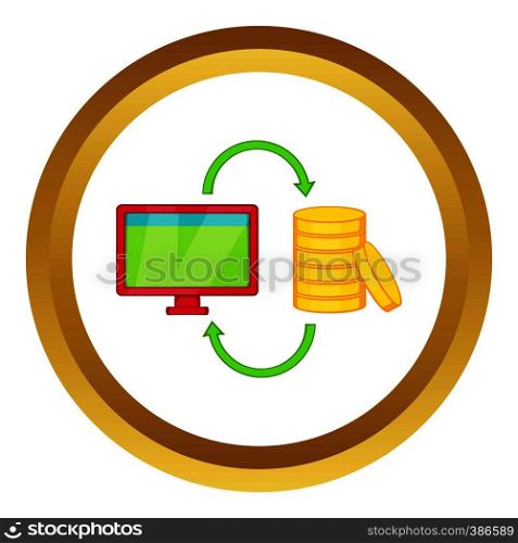 Online earnings vector icon in golden circle, cartoon style isolated on white background. Online earnings vector icon