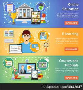 Online Education 3 Flat Banners Set. Online education information 3 flat horizontal banners set webpage design with read more button isolated vector illustration