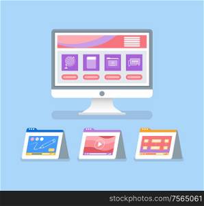 Online education and courses with files isolated icons vector. Pencil for drawing on tablet screen monitor, publication for students. Material to exam. Online Education and Courses with Files Icons