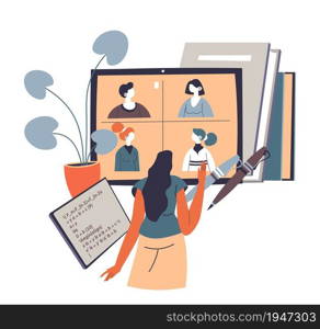 Online education and development of skills, isolated woman with pencil and notebook looking at screen with colleagues or group mates. People learning new discipline in uni. Vector in flat style. Education online using laptop for vising classes