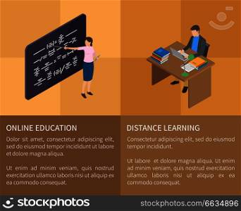 Online education and distance learning vector poster of two parts with teacher near blackboard and male student studying with laptop at table. Online Education and Distance Learning Poster