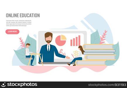 Online education and e-learning concept with character.Creative flat design for web banner