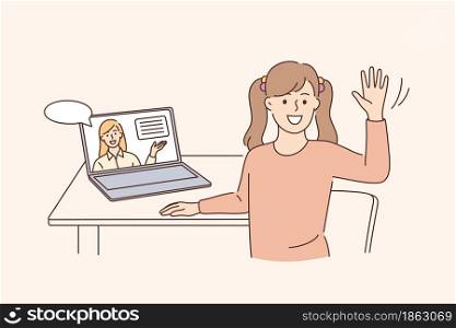 Online education and elearning concept. Happy cute little kid girl sitting at laptop waving hand doing home school with computer laptop e-learning and course vector illustration . Online education and elearning concept
