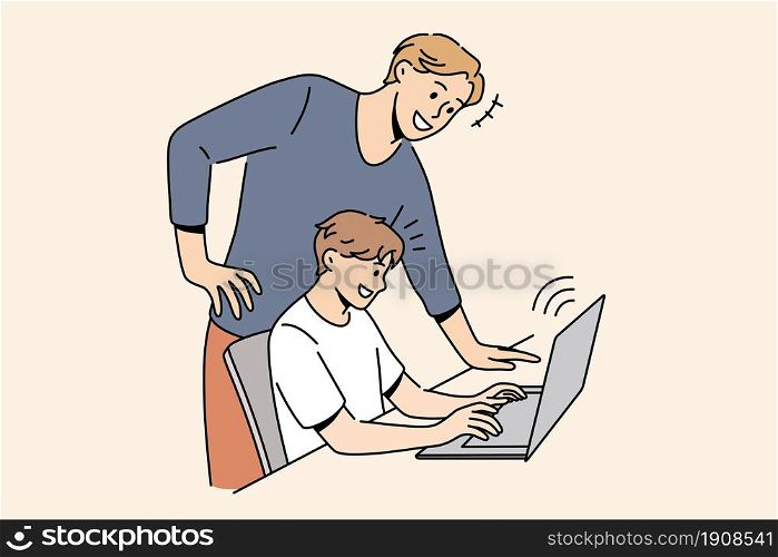 Online education and learning concept. Smiling man father standing near his son sitting at laptop typing something teaching controlling vector illustration . Online education and learning concept.