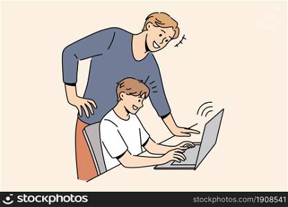 Online education and learning concept. Smiling man father standing near his son sitting at laptop typing something teaching controlling vector illustration . Online education and learning concept.