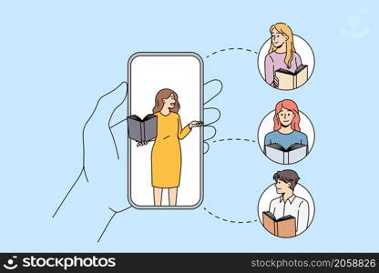 Online education and lesson concept. Young woman teacher explaining material of lesson to children learning online on smartphones vector illustration. Online education and lesson concept