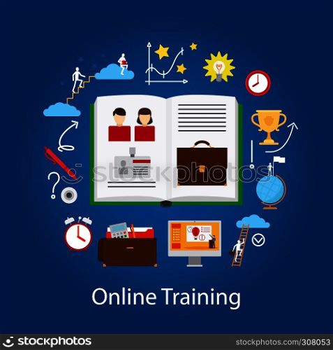 Online education and webinar concept. Knowlege improvement technology. Vector illustration. . Online Education and Webinar Concept