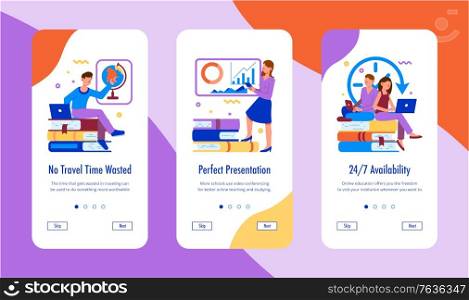 Online education app ui design set of three vertical banners with page switch buttons and images vector illustraion
