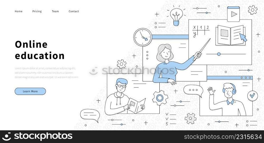 Online education banner with teacher and students on computer screens. Vector landing page of digital distant school or university training, e-learning with sketch illustration. Online education, e-learning banner