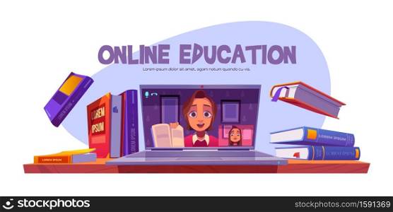 Online education banner with teacher conduct webinar for student remotely, girl studying via internet. Tutor teaching distant, video training technology, computer software, cartoon vector illustration. Online education banner teacher conduct webinar