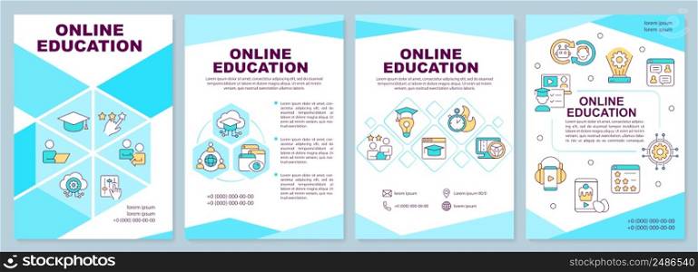Online education blue brochure template. Learning trend. Leaflet design with linear icons. 4 vector layouts for presentation, annual reports. Arial-Black, Myriad Pro-Regular fonts used. Online education blue brochure template