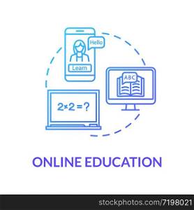 Online education blue concept icon. E learning with laptop. Internet workshops and masterclasses. Remote learning idea thin line illustration. Vector isolated outline RGB color drawing