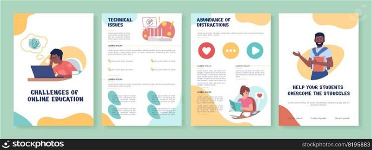 Online education challenge flat vector brochure template. Booklet, leaflet printable flat color designs. Editable magazine page, reports kit with text space. Nerko One, Quicksand, Comfortaa fonts used. Online education challenge flat vector brochure template