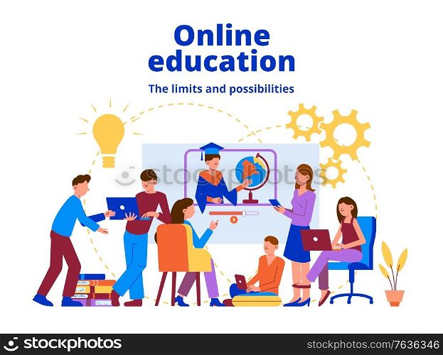 Online education composition with editable text idea and gear flat pictograms with doodle style human characters vector illustration