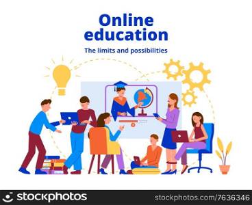 Online education composition with editable text idea and gear flat pictograms with doodle style human characters vector illustration
