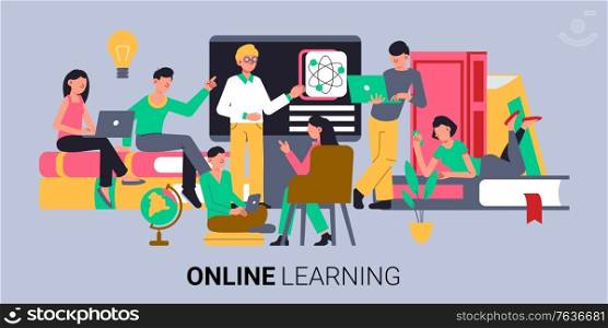 Online education composition with text and group of doodle human characters beyond books laptops and blackboard vector illustration