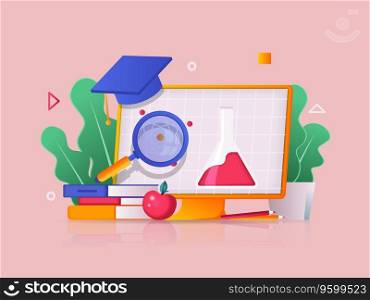 Online education concept 3D illustration. Icon composition with watching video lectures on computer screen, reading books, completing educational courses. Vector illustration for modern web design