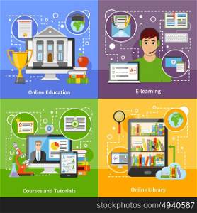 Online Education Concept 4 Flat Icons. Online education for university degree diploma 4 flat icons square with courses and tutorials isolated vector illustration