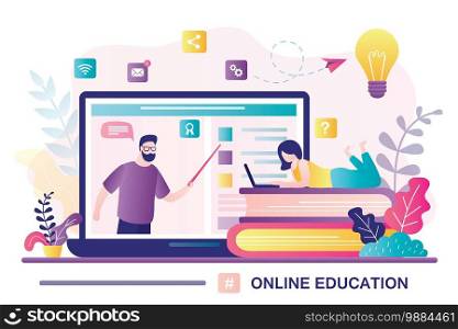 Online education concept banner. E-learning, home schooling. Girl student working on laptop. Tutor or teacher on display. Web courses or tutorials concept. Education platform. Flat Vector illustration