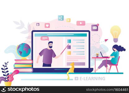 Online education concept banner. E-learning, home schooling. Woman student working on laptop. Teacher or vlogger on display. Web courses or tutorials concept. Education platform. Vector illustration