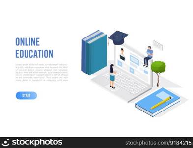 Online education concept banner with characters. Can use for web banner, infographics, hero images. Flat isometric vector illustration isolated on white background.