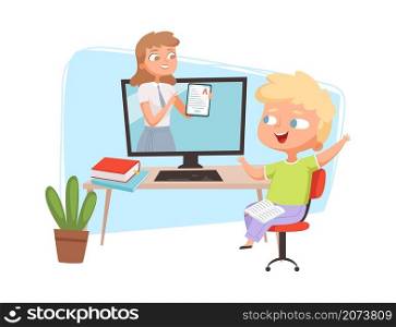 Online education concept. Boy and teacher on screen, happy student distance learning vector illustration. Education teaching online, student and teacher e-learning. Online education concept. Boy and teacher on screen, happy student distance learning vector illustration