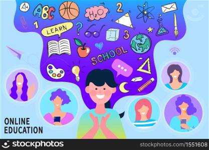 Online Education concept, Girl and woman character learning online, Modern flat design vector illustration.