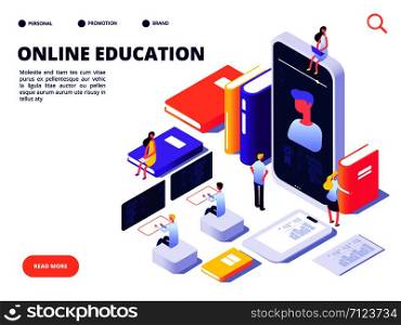 Online education concept. Internet class training and on-line course. Educate on distance. Isometric vector illustration. Training online isometric, distance teaching and studying. Online education concept. Internet class training and on-line course. Educate on distance. Isometric vector illustration