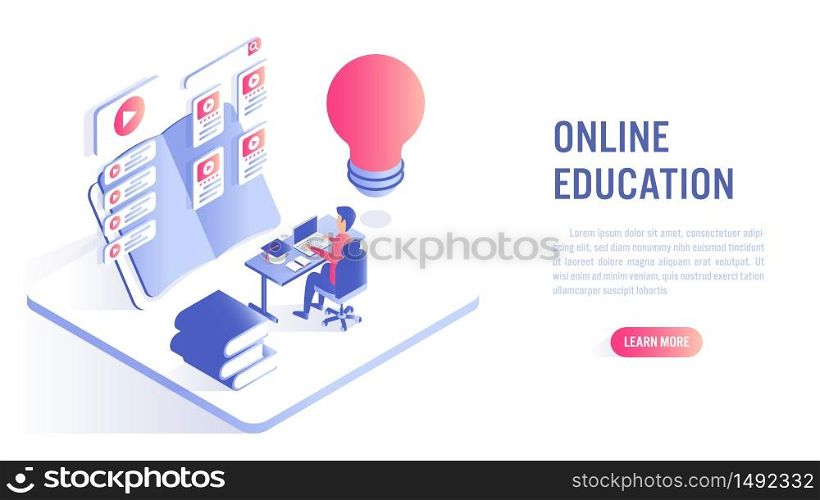 Online Education Concept. Student character study at computer with online course. Isometric flat vector design.