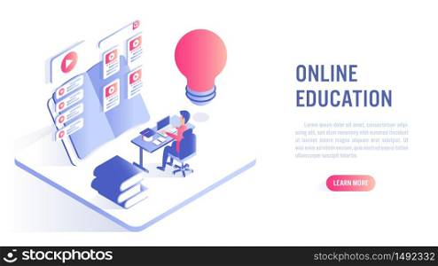 Online Education Concept. Student character study at computer with online course. Isometric flat vector design.