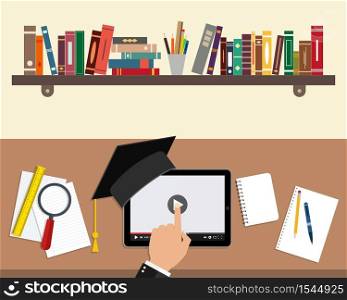 Online education concept. Study using a tablet and video. Learn in computer. Student training using technology. Online school, college, university at home. Class with book, player, paper. Vector.. Online education concept. Study using a tablet and video. Learn in computer. Student training using technology. Online school, college, university at home. Class with book, player, paper. Vector