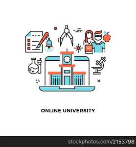 Online education concept. Webinar, distance learning on web platform. Students science and research vector outline banner. Illustration of online training university, learning in school remotly. Online education concept. Webinar, distance learning on web platform. Students science and research vector outline banner