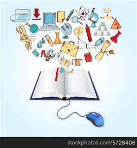 Online education concept with book computer mouse and sketch science icons set vector illustration