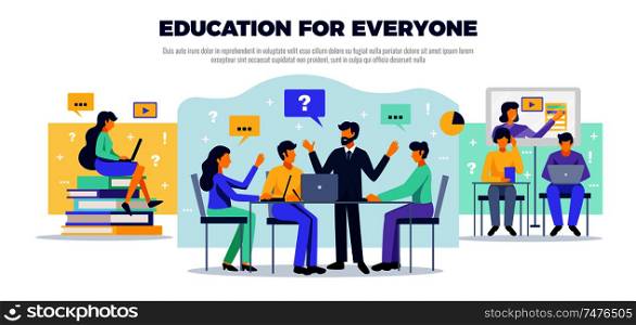 Online education concept with educarion for everyone symbols flat vector illustration
