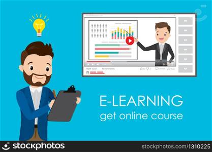 Online Education Course E-learning.Learning by the webinar training.Businessman tutor or coach.Flat vector illustration