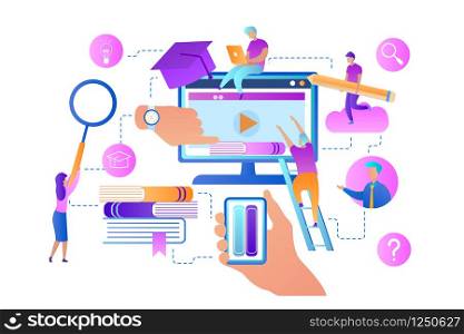 Online Education Courses. Cartoon Students Training by Digital Books Technology on White Background. Electronic Library Web Video Icons. Distance Teaching School. Flat Cartoon Vector Illustration. Distance Teaching School Flat Vector Illustration