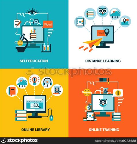 Online Education Design Concept Set. Online education design concept with flat icons composition of selfeducation distance learning online library and online training vector illustration