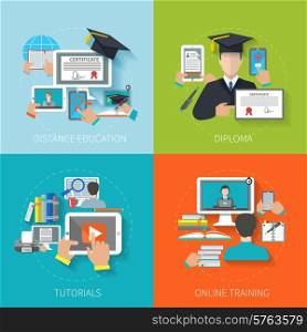 Online education design concept set with distance diploma tutorials training flat icons isolated vector illustration