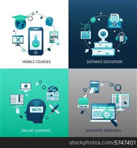 Online education design concept set with mobile courses distance learning scientific research icons isolated vector illustration
