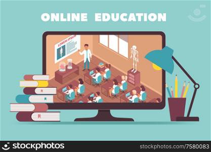 Online education design concept with picture on pc monitor showing teacher conducting lesson in classroom isometric vector illustration