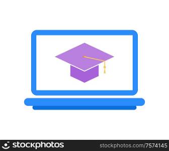 Online education digital courses laptop with sign vector. Isolated icon with symbol of graduation hat, studying with help of internet 3d knowledge gaining. Online Education Digital Courses Laptop with Sign