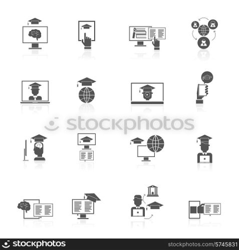 Online education digital graduation degree and virtual certificate black icons set isolated vector illustration