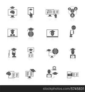 Online education digital graduation degree and virtual certificate black icons set isolated vector illustration